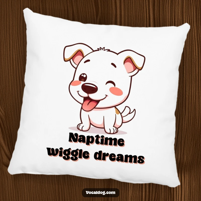 Funny pillow showcasing a dog character doing a joyful, full-body wiggle, offering comfort and a smile.