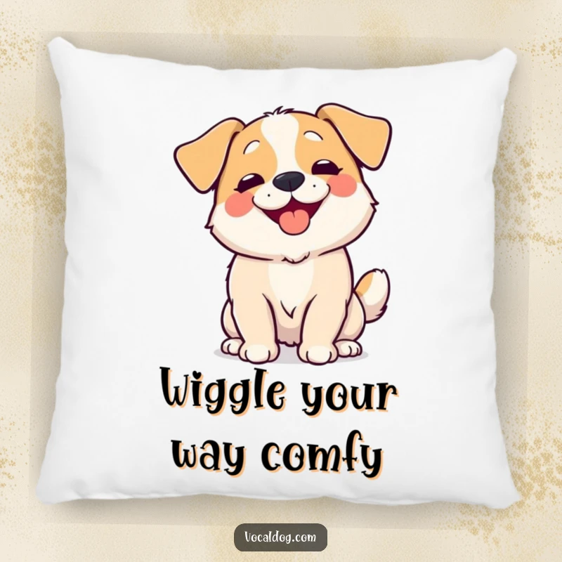 Funny Pillow featuring a dog wiggling its entire body with overwhelming happiness, designed for comfort and pure, contagious joy.