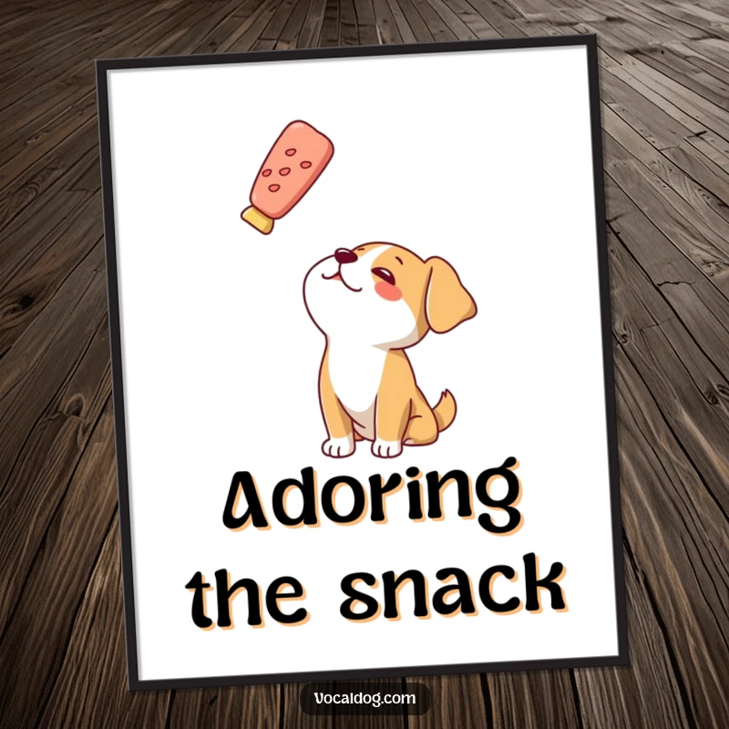 Funny digital art print capturing a dog character’s intense, adoring gaze fixed upon a floating treat.