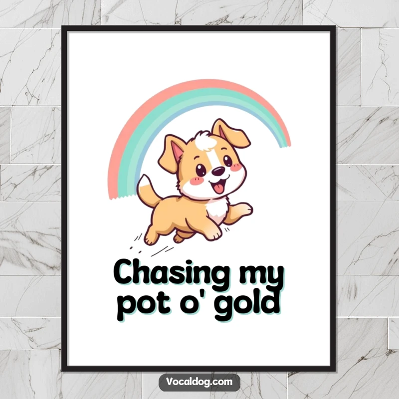 Funny digital art print of an exuberant dog character joyfully chasing a spectacular rainbow, symbolizing hope and humor in high resolution.