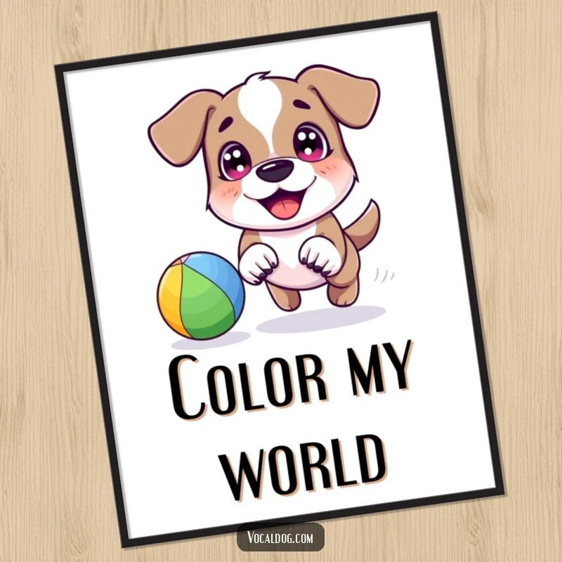 A happy dog character joyfully chasing a vibrant rainbow-colored ball with bright eyes, creating a dynamic and humorous digital art print.
