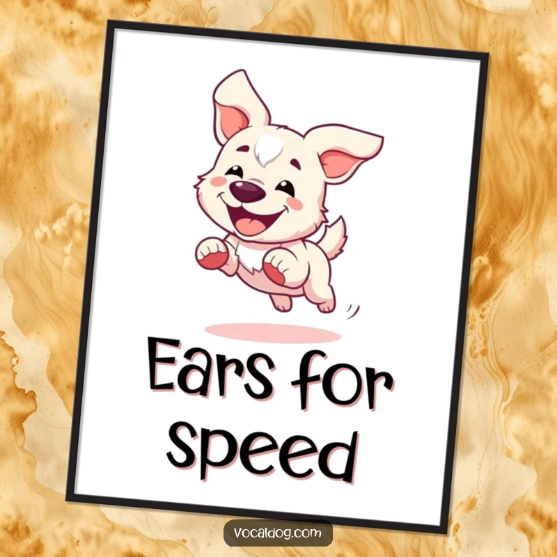 Funny Digital Art Print of a dog joyfully running with ears flapping dynamically in the wind, ready for printing.