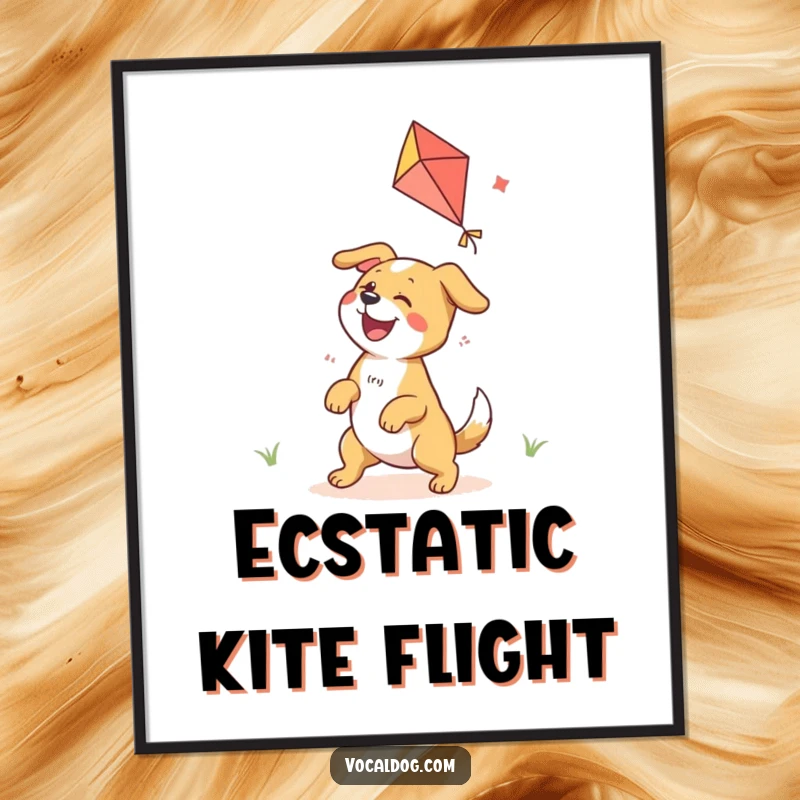 Funny digital art print of a dog character ecstatically playing with a colorful kite, embodying outdoor bliss.