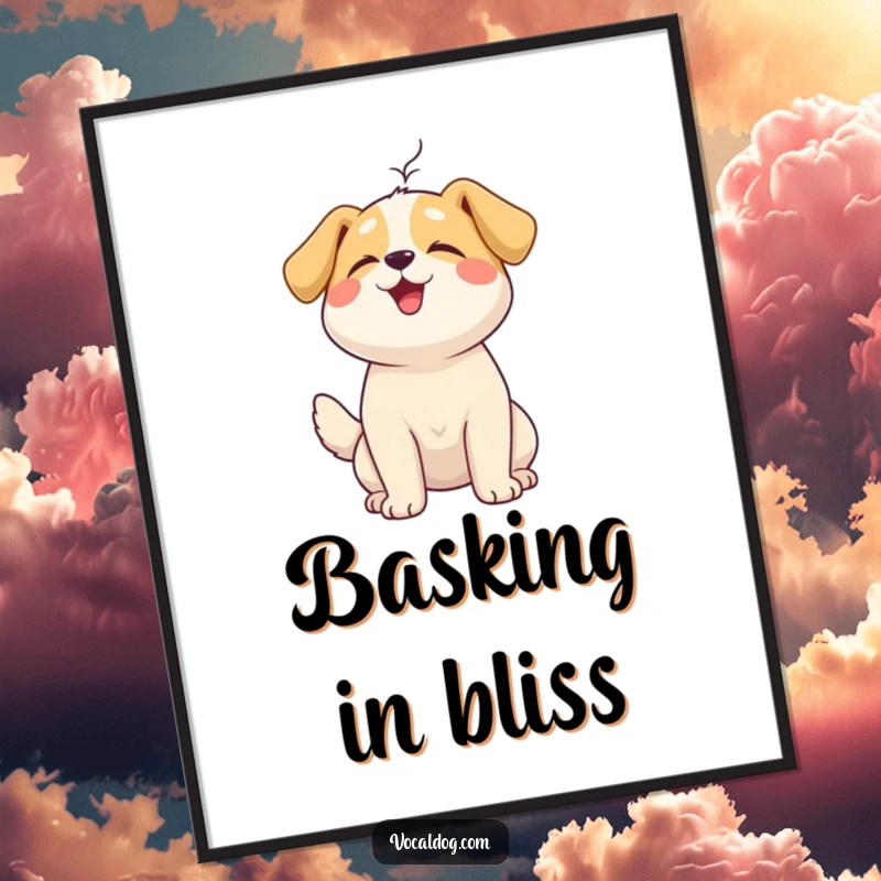 Funny Digital Art Print of a happy dog with head tilted up, peacefully enjoying a gentle, refreshing breeze.