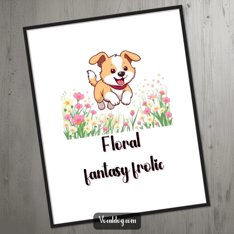 Funny digital art print of a dog joyfully leaping through a colorful field of flowers, conveying pure, unadulterated happiness.