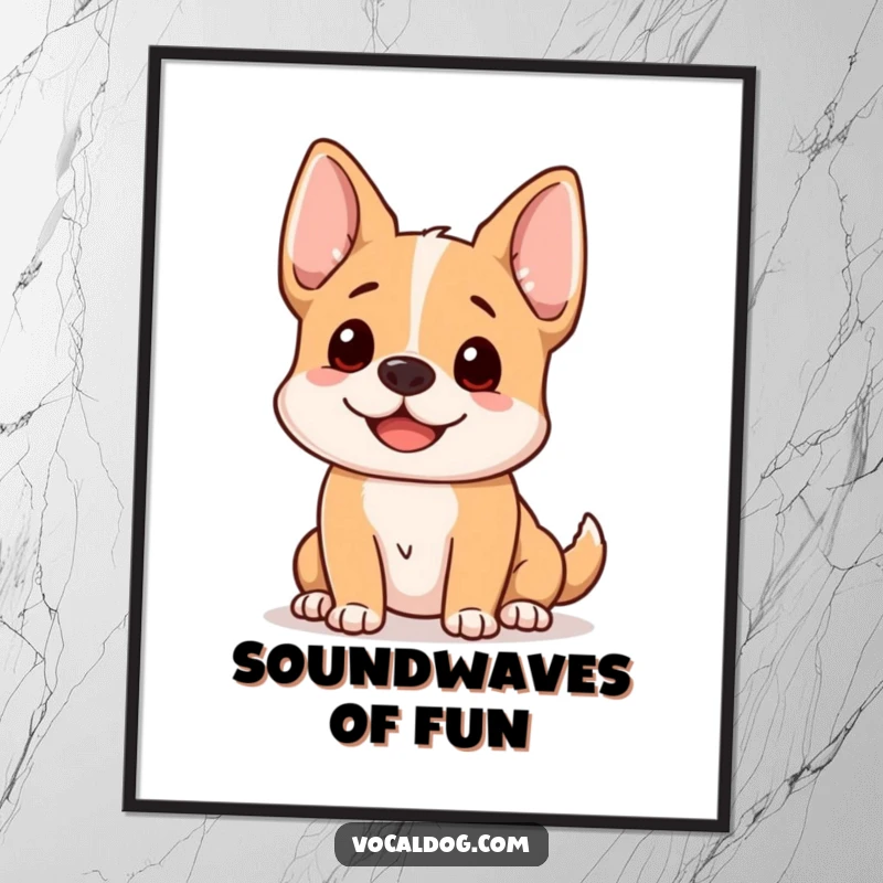 Funny dog digital art print of a happy dog with its ears perked up, listening intently, conveying warmth and charm.