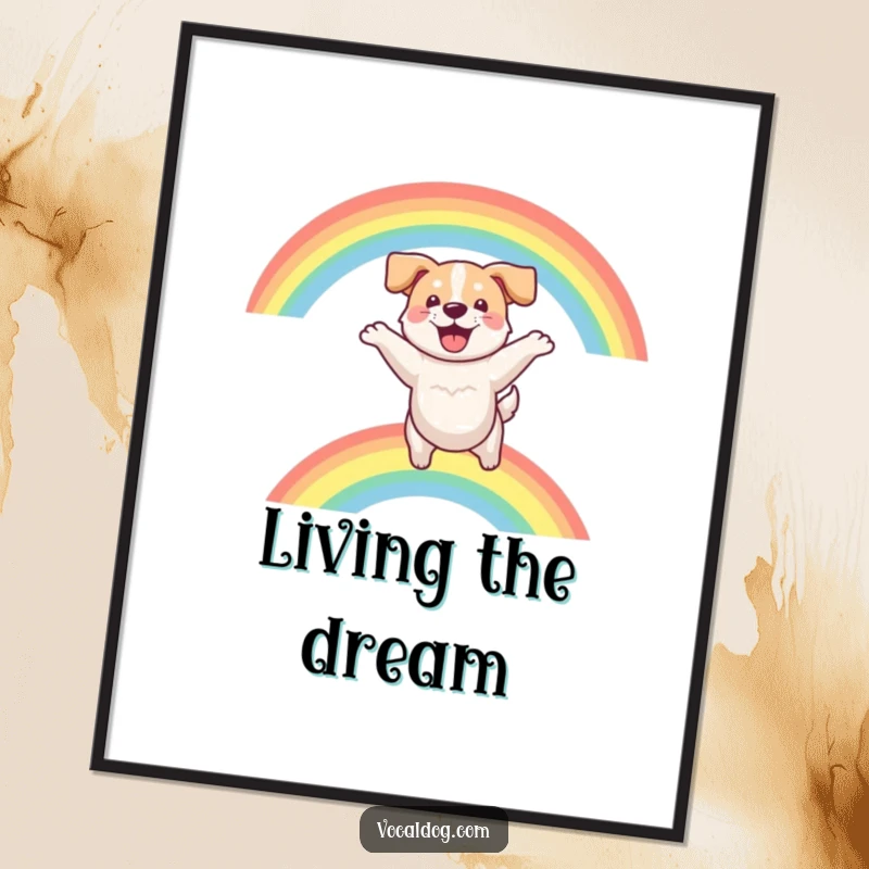 Funny digital art print of a dog leaping with abandon over a vibrant, stylized rainbow, exuding pure happiness.