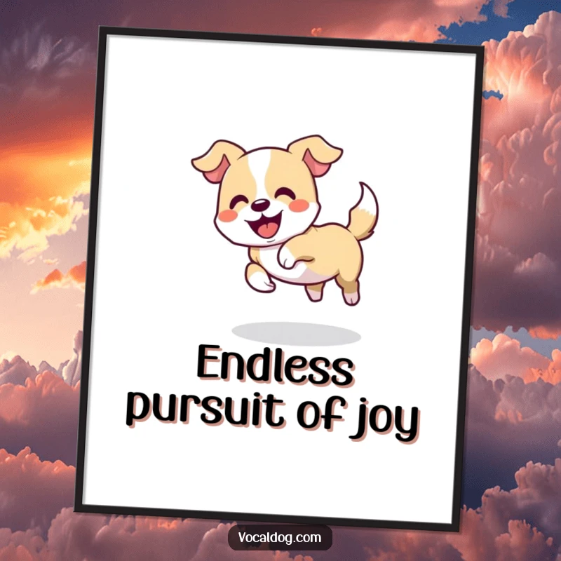 Funny digital art print of a dog playfully chasing its tail in a delighted circle, radiating pure canine fun and silliness, instant wall decor.