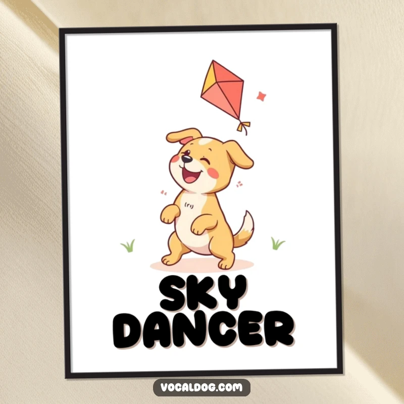 Funny Digital Art Print capturing an ecstatic dog character joyfully playing with a vibrant, colorful kite in a whimsical style.