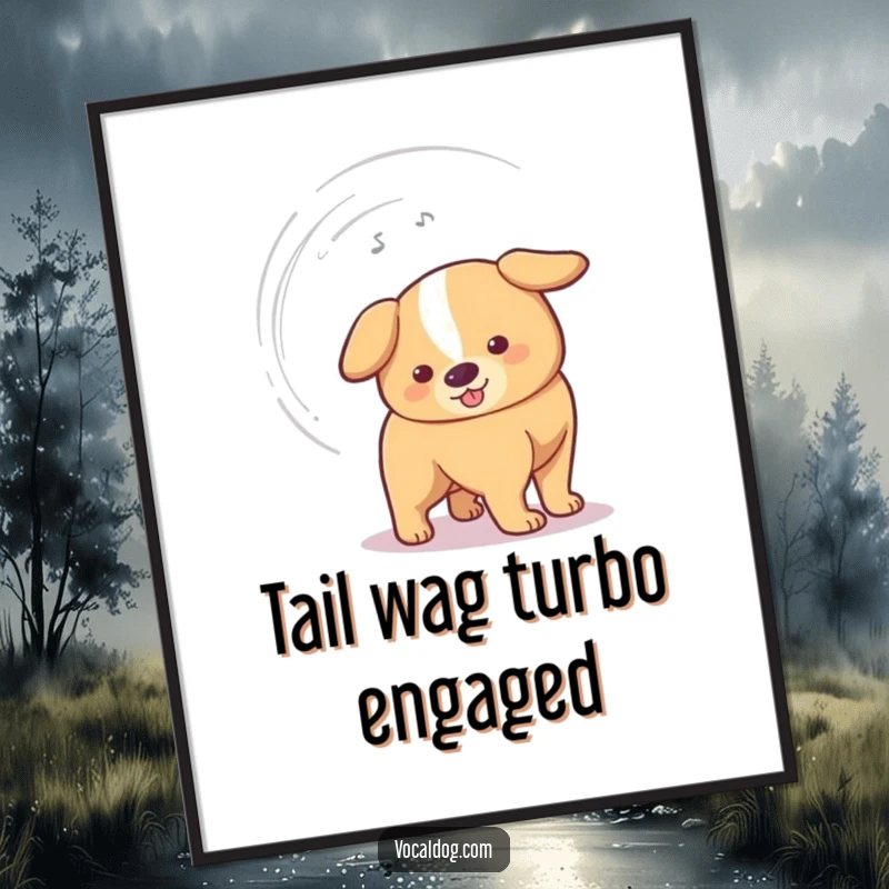 Funny Digital Art Print of a dog's tail wagging so fast it creates a humorous vortex, ready to print and frame.