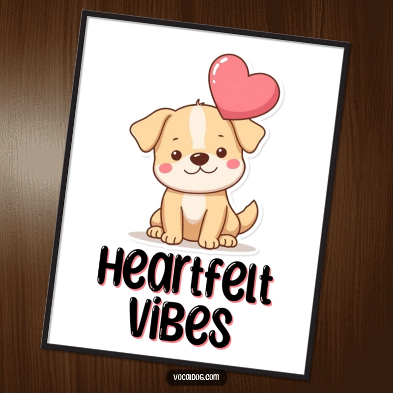 Funny heart dog digital art print featuring a dog with a large, floating heart, perfect for adding heartwarming humor. Ideal funny gift.