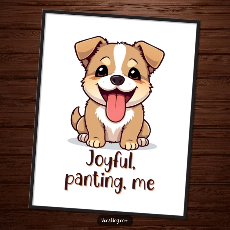 Funny digital art print of a happy dog panting with its tongue lolling out, embodying pure joy and fun.