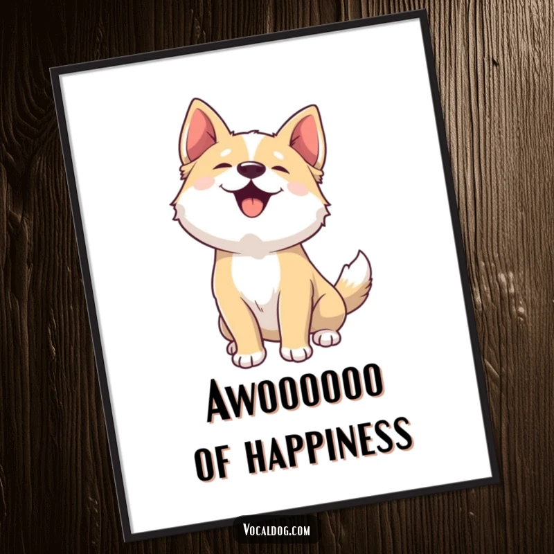 Funny digital art print of a dog joyfully woofing with head back, a humorous and heartwarming canine illustration.