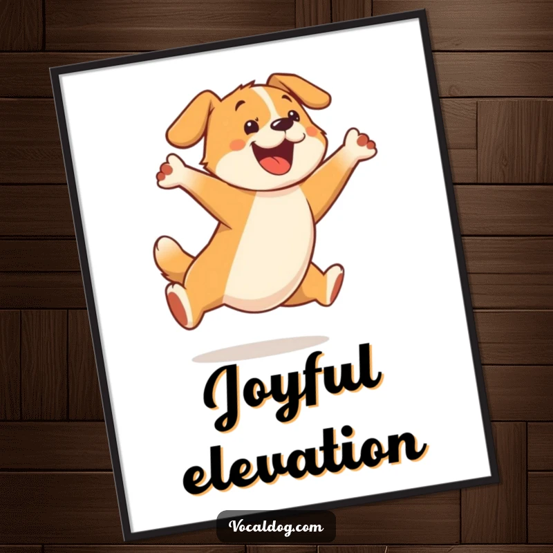 Funny digital art print of a dog character captured in a spectacular mid-air leap, radiating pure happiness.