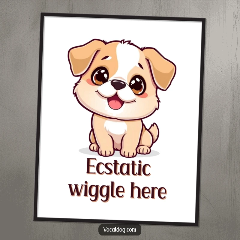 Funny sparkling dog digital art print featuring a happy dog with gleaming eyes and a wagging body, radiating pure excitement. Ideal funny gift.