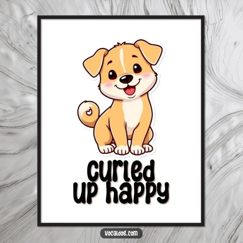 Funny dog digital art print of a playful dog with its tail curled into a happy spiral, conveying energetic fun.