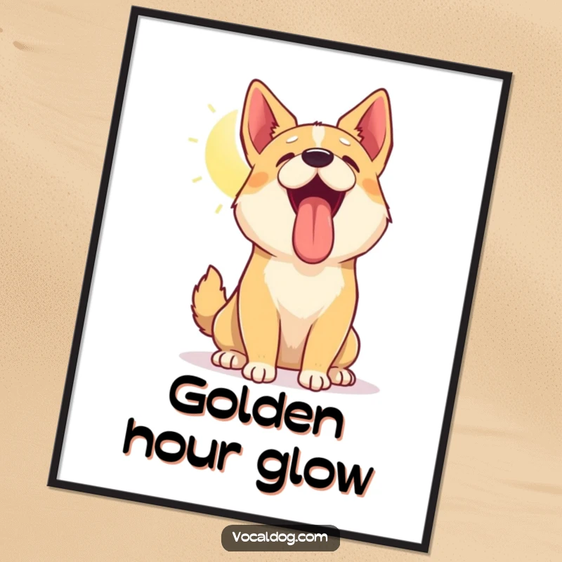 Funny digital art print of a dog with head tilted up, panting happily in the sun, radiating pure warmth and canine joy, instant wall decor.