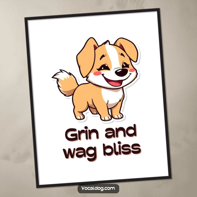 Funny digital art print of a dog character with a goofy grin and a tail blurred from rapid, happy wagging.