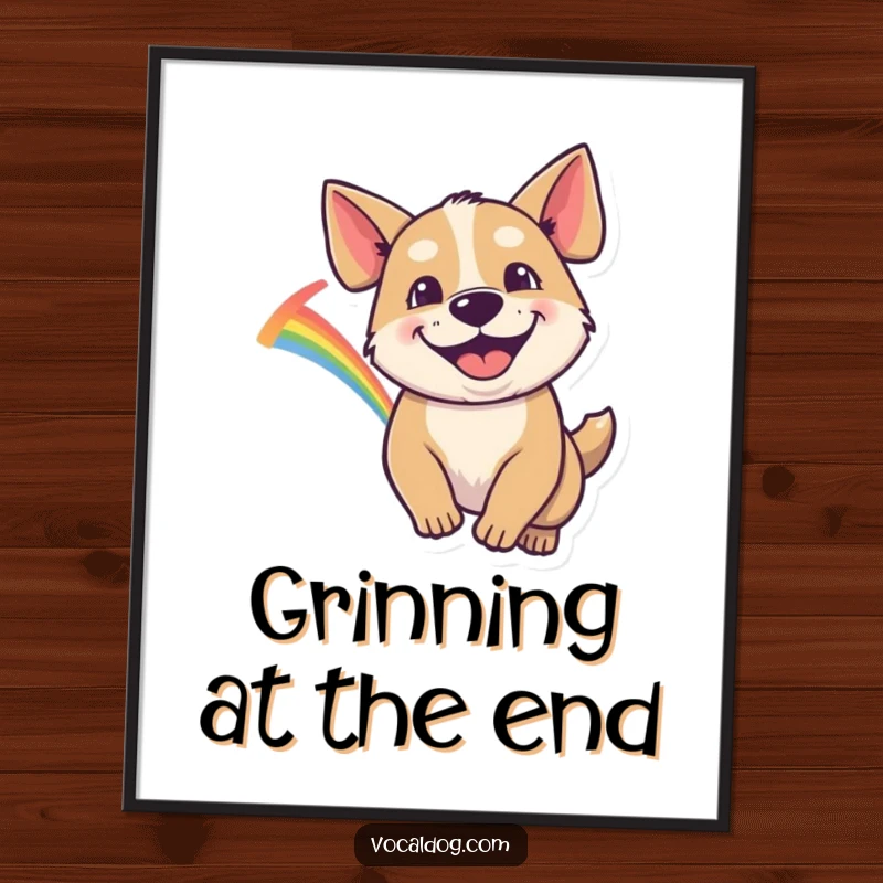 Funny Digital Art Print of a dog with a massive goofy grin, joyfully chasing a vibrant rainbow.