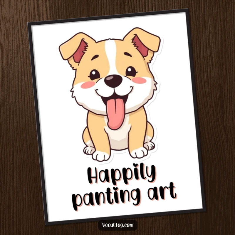 Funny digital art print of a dog happily panting with its tongue lolling out, conveying pure, infectious contentment.