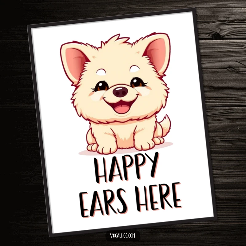 Funny fluffy dog digital art print, a canine with oversized ears and a wide, joyful grin, radiating pure happiness and adorable charm.