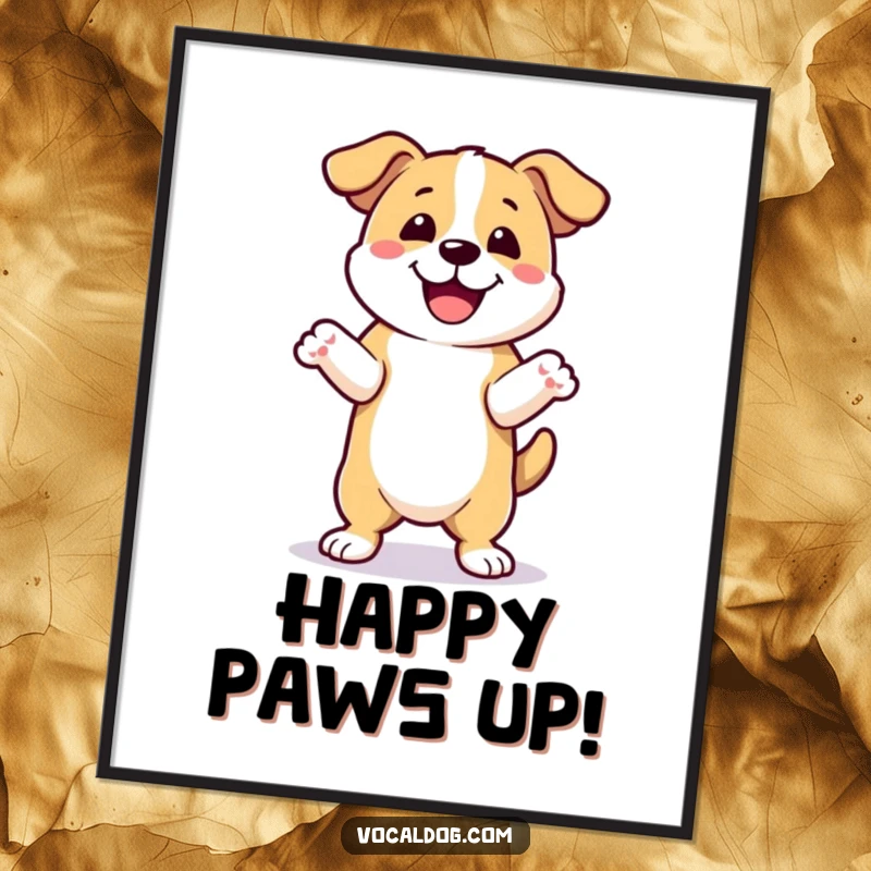 Funny happy dance dog digital art print featuring a dog joyfully dancing with front paws up, perfect for adding energetic humor. Ideal funny gift.