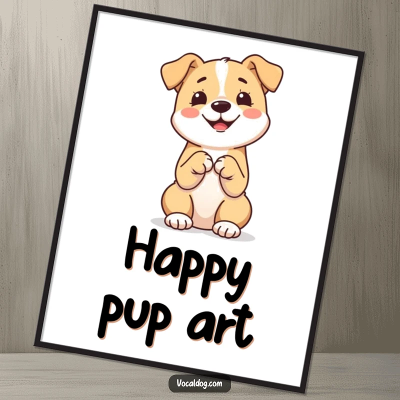 Funny digital art print of a dog sitting upright with its paws together, exuding happiness and charm for any admirer.