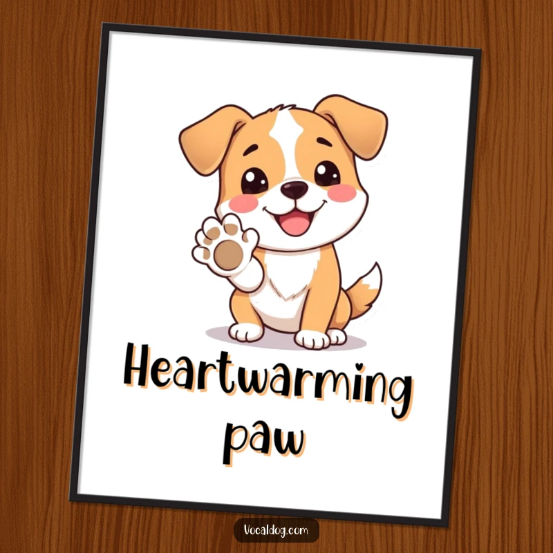 Funny digital art print of a dog character beaming with happiness while offering its paw in a friendly gesture.