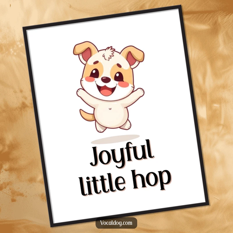 Funny Digital Art Print of a happy dog character hopping with an overwhelmingly cheerful and ecstatic expression.