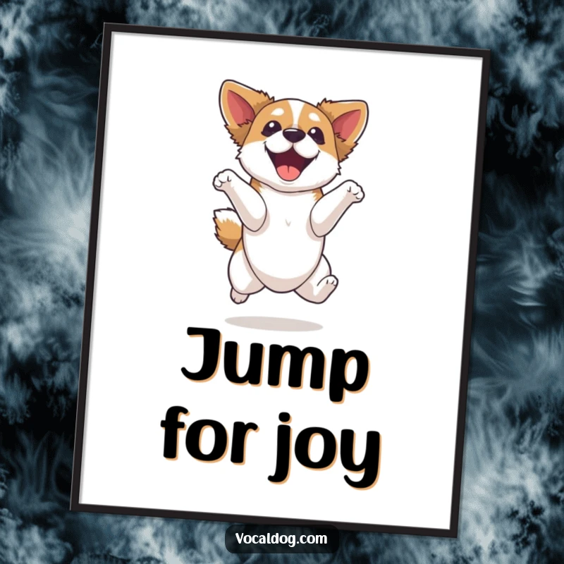 Funny dog digital art print, a dog captured in a high leap with an expression of pure, unadulterated elation and ecstatic joy.