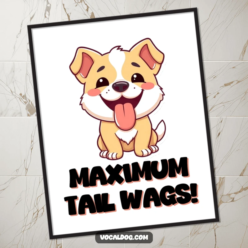 Funny dog digital art print of a dog smiling broadly with its tongue out, embodying ultimate happiness.