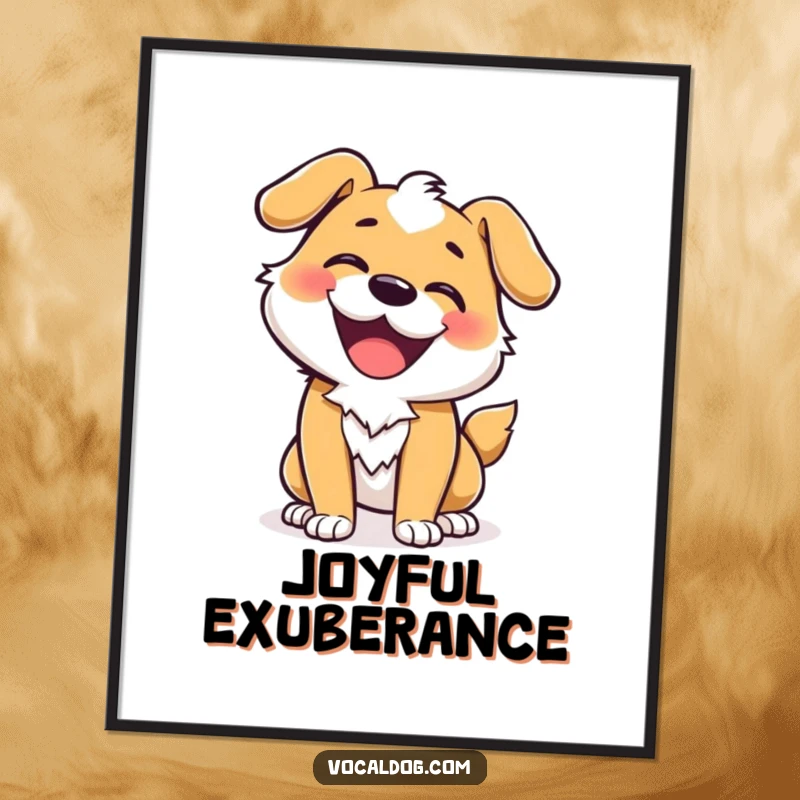 Funny digital art print showing a dog character in an ecstatic wiggle, radiating pure joy and vibrant energy.