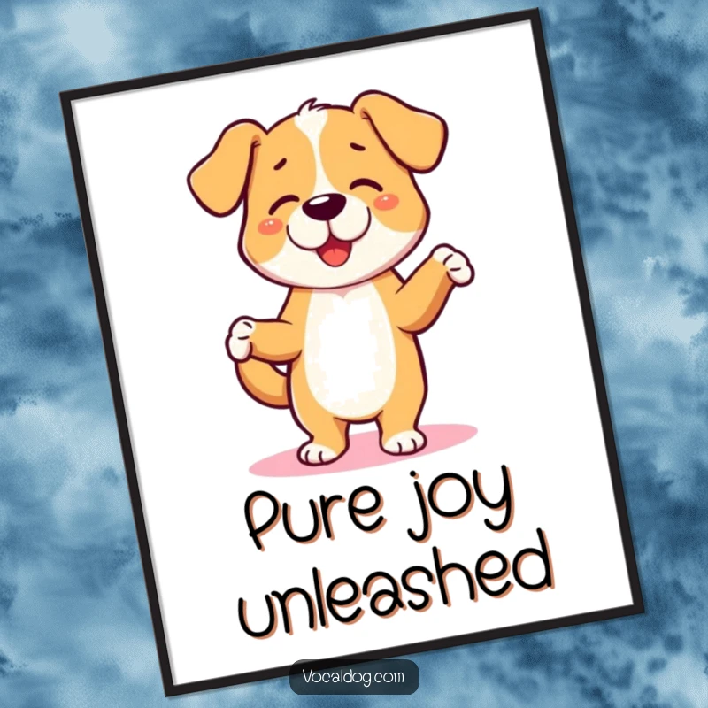 Funny digital art print showing a dog character enthusiastically dancing a jig, full of life. A lively printable funny gift.