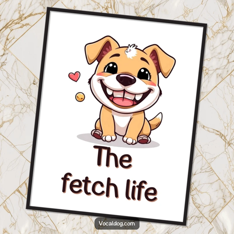 Funny Digital Art Print: A high-resolution image of a dog mid-fetch, captured with an impossibly large, ecstatic grin, full of pure unadulterated joy.