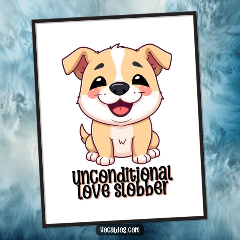 Funny digital art print of a dog offering a friendly slobbery kiss with a charming smile, radiating pure canine affection and humor, instant wall decor.