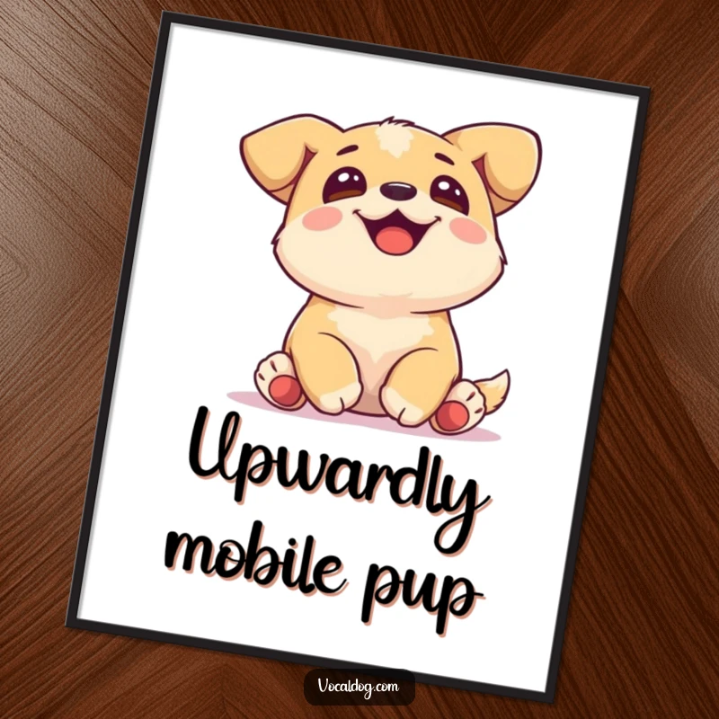 Funny Digital Art Print of a joyful dog with tucked paws, gazing upwards with serene bliss, ready for printing.