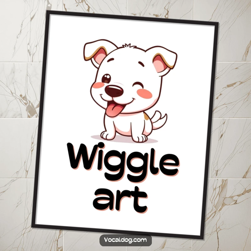 Funny digital art print of a dog character in a full-body happy wiggle, designed to instantly uplift any room.