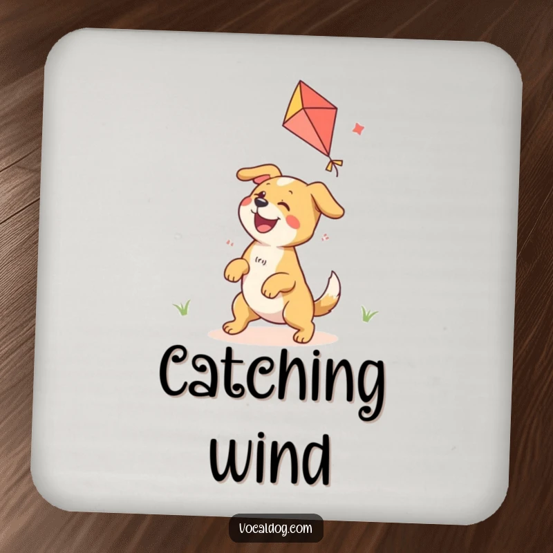 Funny Drink Coaster featuring an ecstatic dog character having a blast playing with a colorful kite, protecting surfaces.