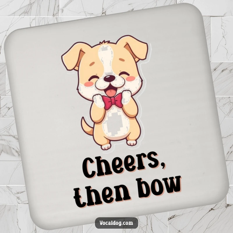 Funny Coasters showcasing a dog character performing a polite bow, protecting surfaces with charm and humor.
