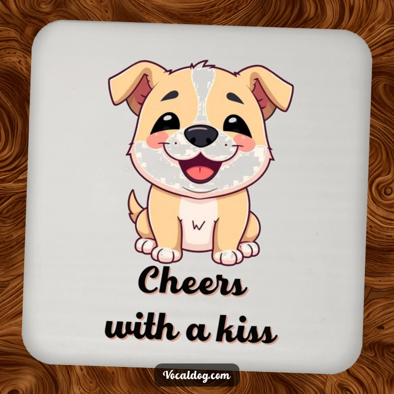 Funny coaster featuring a dog offering a friendly slobbery kiss with a charming smile, adding humorous canine affection, protective accessory.