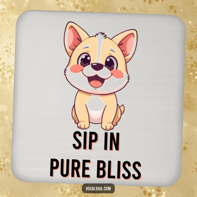 Funny coaster featuring a happy dog character with a wide, delighted gaze, symbolizing pure bliss and surface protection.