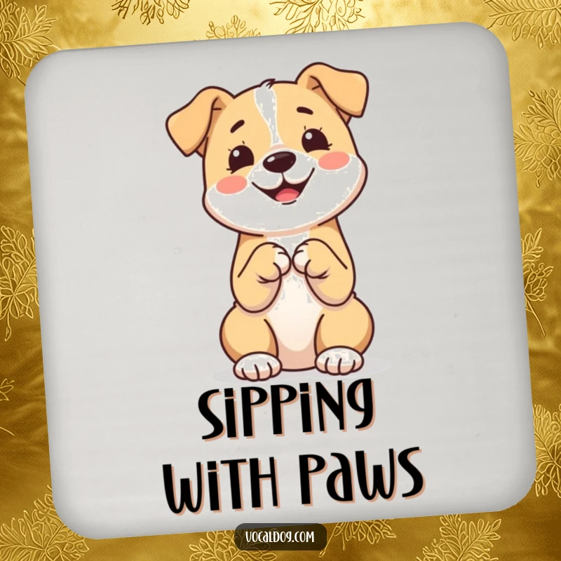 Funny drink coaster illustrating a happy dog sitting upright with paws together, adding a humorous and cute touch to any tabletop.
