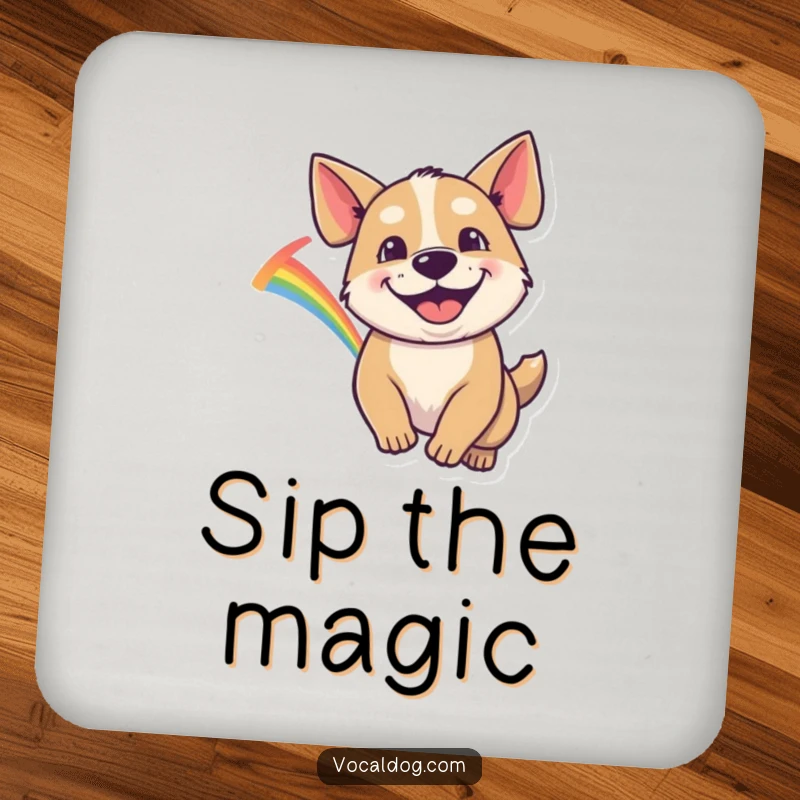 Funny Drink Coaster of a dog with a goofy grin, chasing a colorful rainbow, adding playful protection.