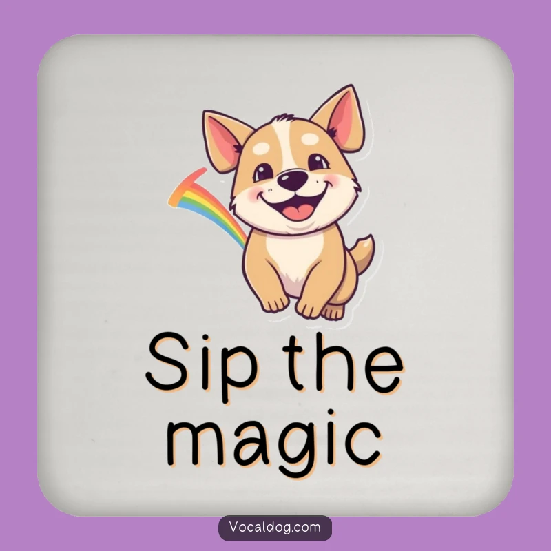 Funny Dog Drink Coaster: Goofy Grin Rainbow Chase, Playful Table Gift