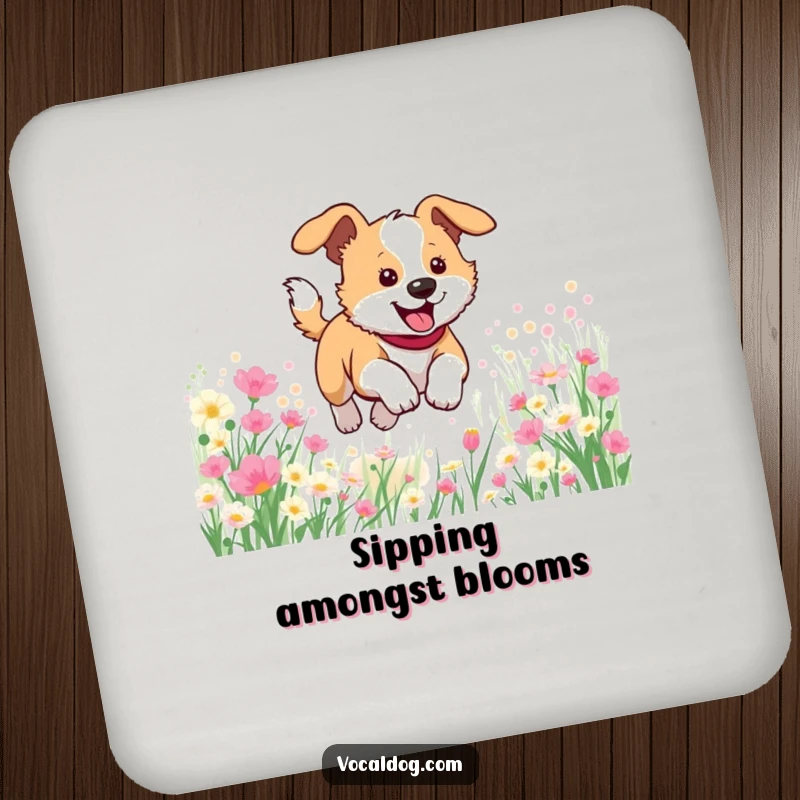 Funny coasters featuring a dog joyfully bounding through a vibrant flower field, adding a cheerful touch to drink service.