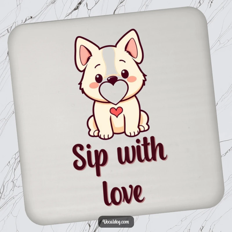 Funny dog coaster with a stylized outline and a heart shape, offering surface protection with a loving touch.