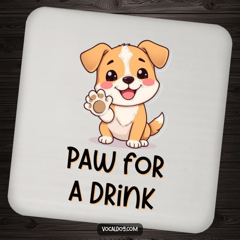 Funny Drink Coasters featuring a dog with a beaming, happy expression, offering its paw for a high five.
