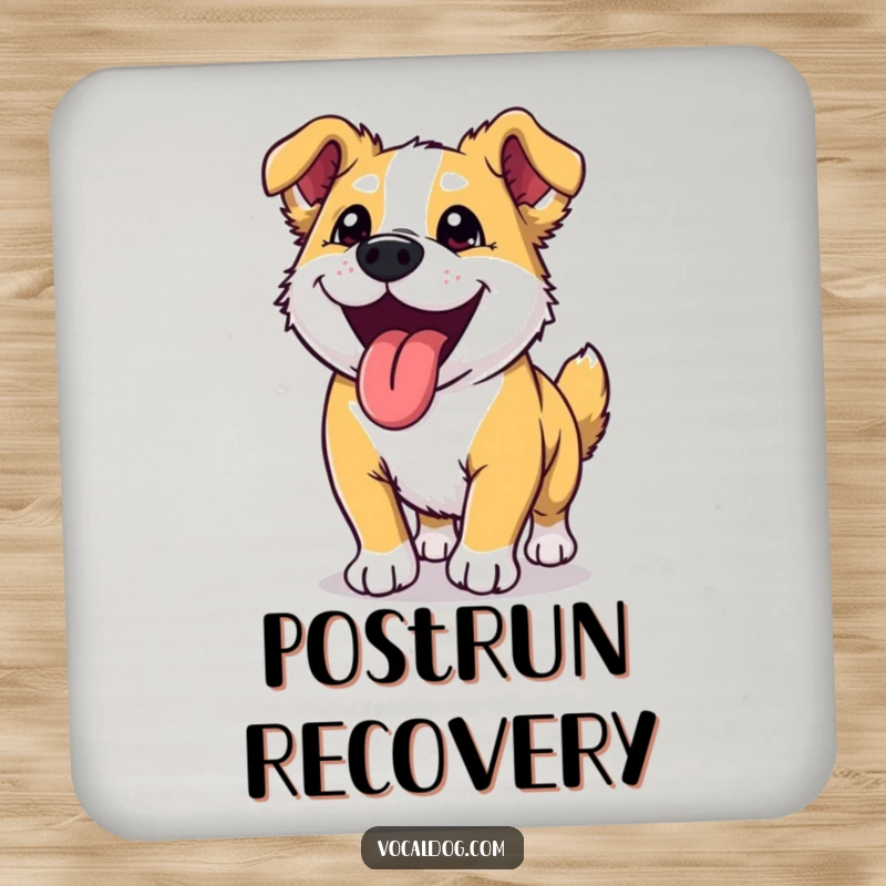 Funny dog coasters showing a dog with its tongue lolling out, looking ecstatic after a vigorous and happy run.