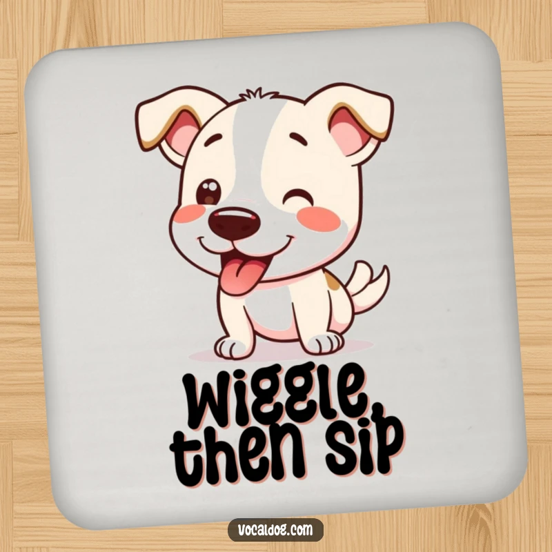Funny Drink Coasters featuring a dog doing a happy wiggle, bringing cheerful vibes to any surface.