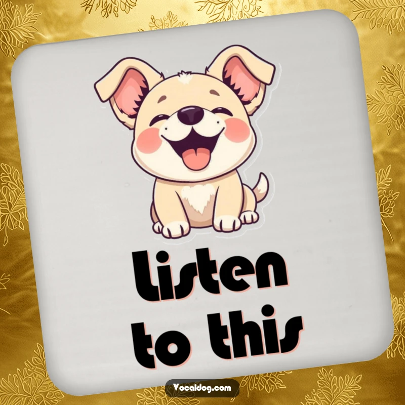 Funny dog coaster with a happy dog whose ears are flopping joyfully upwards, adding a touch of cheer.